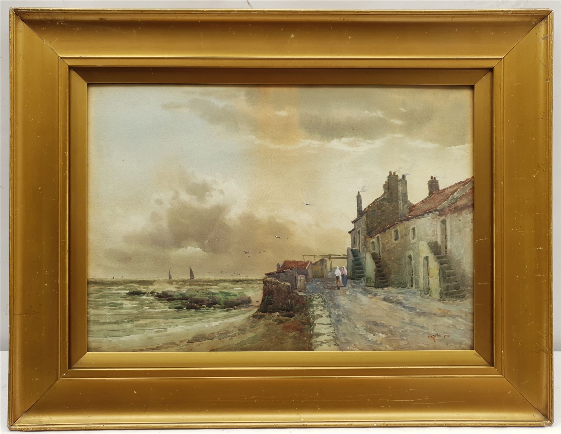 C M Williams (British 19th/20th century): Figures on the Quayside, watercolour signed 34cm x 50cm; English School (20th century): Still Life with Cacti, watercolour unsigned 25cm x 36cm (2)