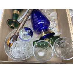 Quantity of glass ware to include Caithness Splashdown paperweight, decanters, vases, etc, divided wall shelf, bird figures, brass lamp etc