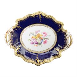 Collection of 19th century porcelain dessert wares, comprising Bloor Derby dish, circa 1825, Spode Felspar shaped oval dish, circa 1820, Ridgeway shaped oval footed dish with twin handles, circa 1840, Ridgeway dish, circa 1820, and tazza and dish, probably Minton, pattern 4810, each decorated in various patterns with floral sprays against dark blue grounds and heightened with gilt