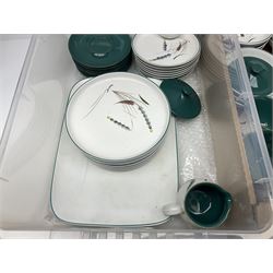 Denby Green Wheat pattern part tea and dinner wares, including serving platters, teacups, teapot, side plates, etc, all with stamped mark beneath