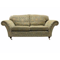 Quality traditional design three seat sofa (L215cm), and matching two seater (L190cm), upholstered in embossed fabric