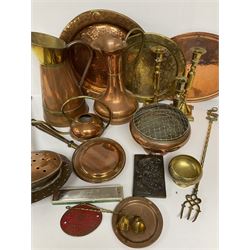 Collection of brass and copper, to include two copper jugs, brass candlesticks, bedwarmers etc 