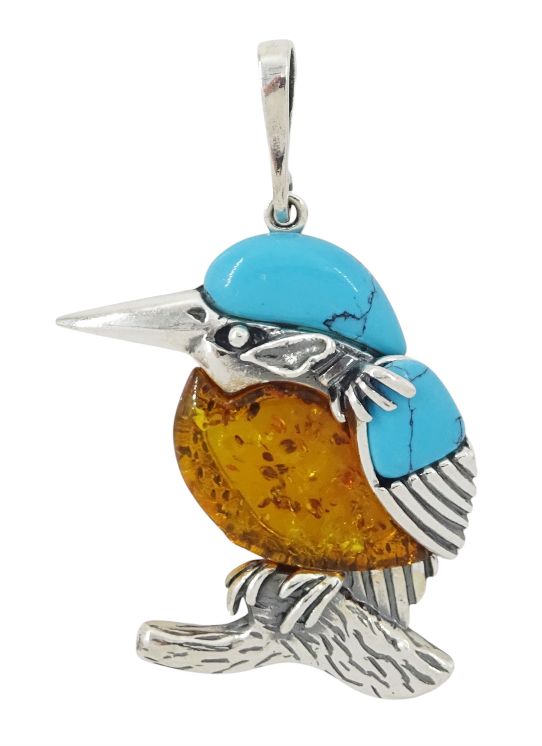 Silver turquoise and Baltic amber kingfisher pendant, stamped 925