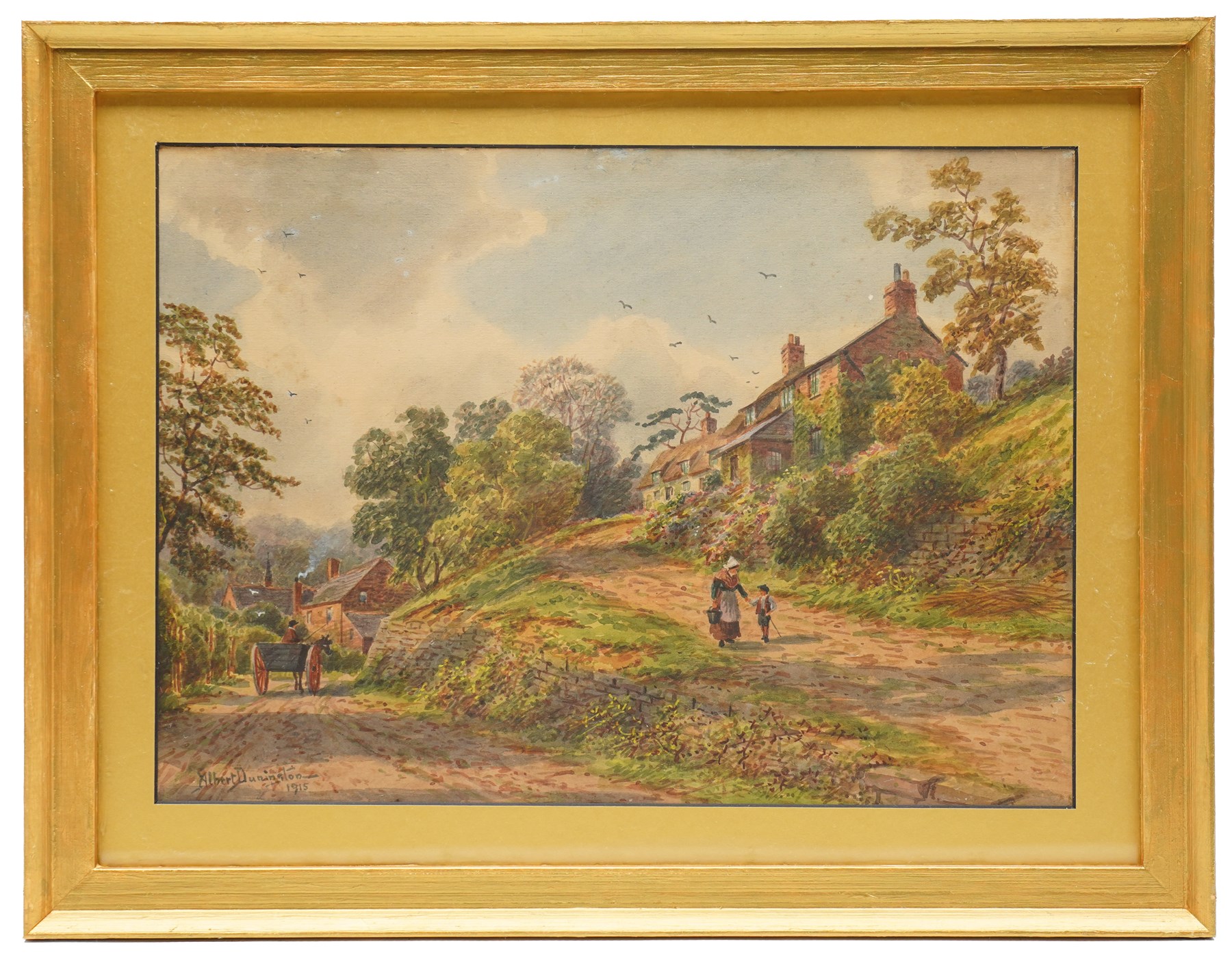 Albert Dunnington (British 1860-1928): Countryside Views and Angler by a Bridge, four watercolours signed and three dated 1915-23, three in matching frames max 25cm x 35cm (4)