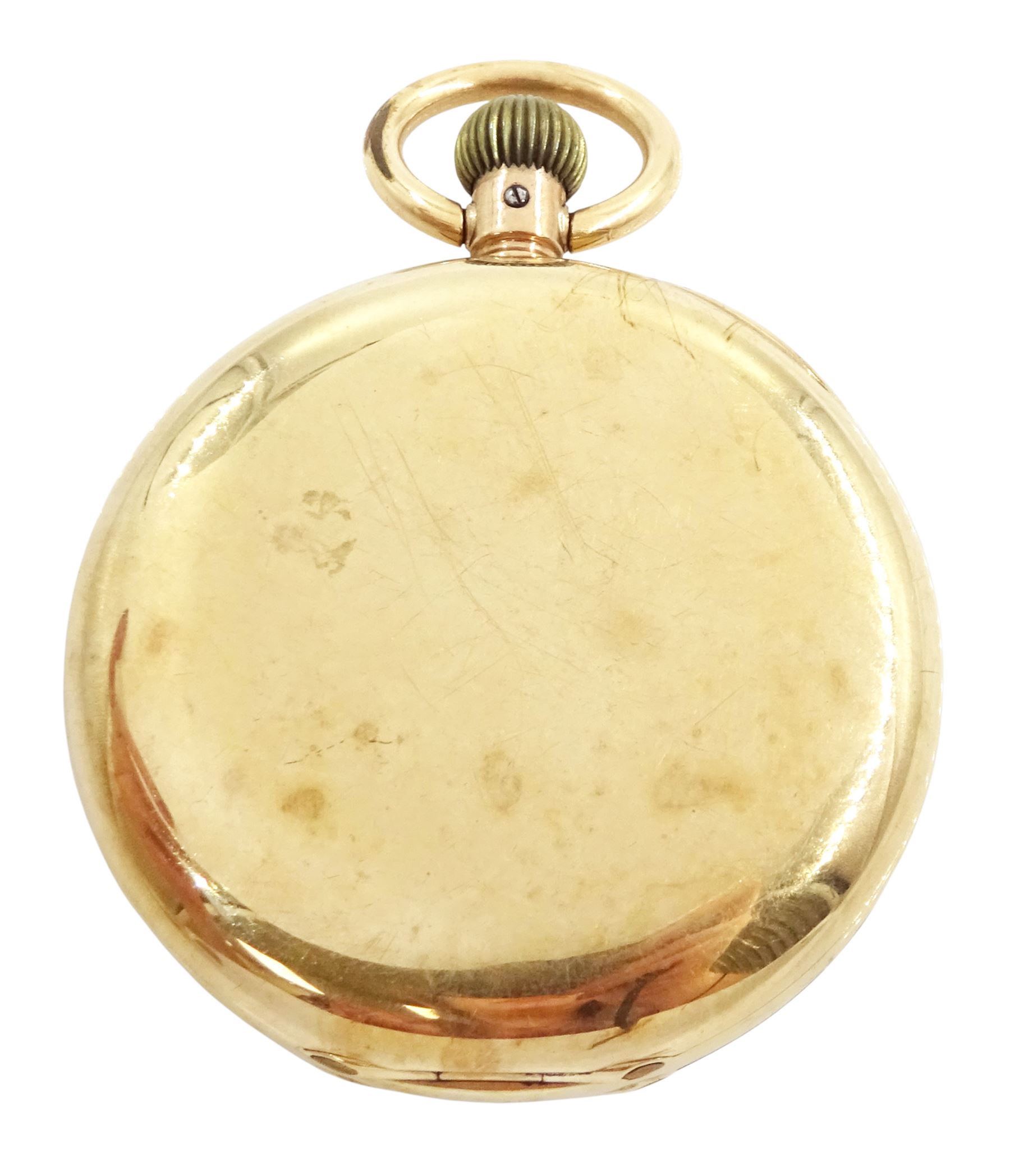 Early 20th century 9ct gold half hunter keyless lever pocket watch, No. 590035, white enamel dial with Roman numeral hour markers and subsidiary seconds dial, the inner dust cover with engraved flower basket decoration, case with London import marks 1916