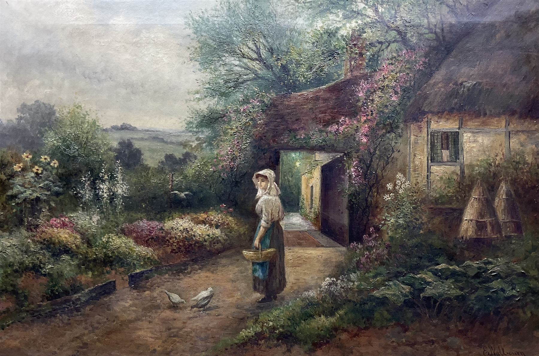 Ernest Charles Walbourn (British 1872-1927): Young Girl outside a Country Cottage, oil on canvas signed 60cm x 90cm