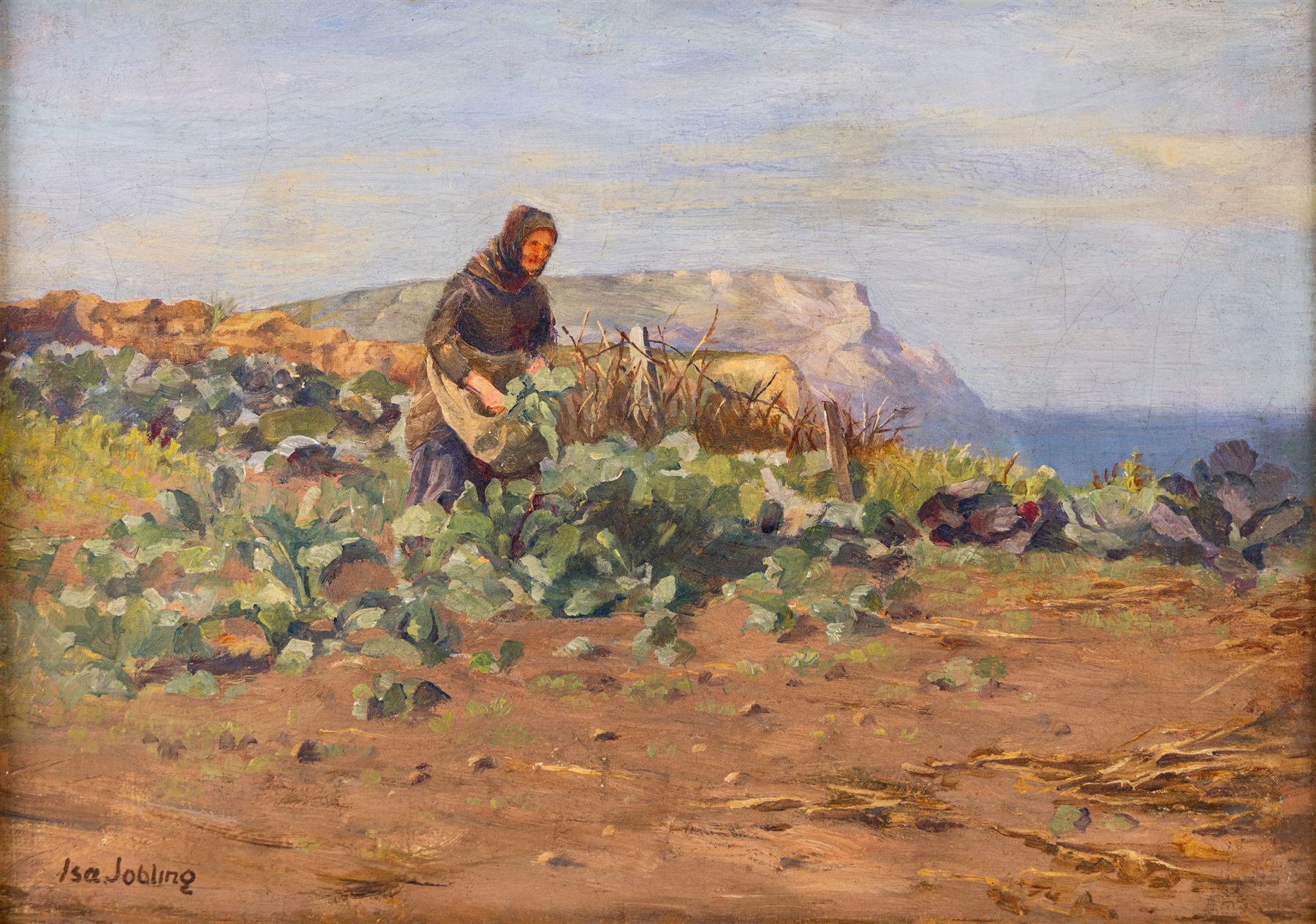Isabella 'Isa' Jobling (neé Thompson) (Staithes Group 1851-1926): Harvesting atop Penny Nab - Staithes, oil on canvas signed 25cm x 35cm 
Provenance: exh. Walker Galleries, Harrogate, label verso