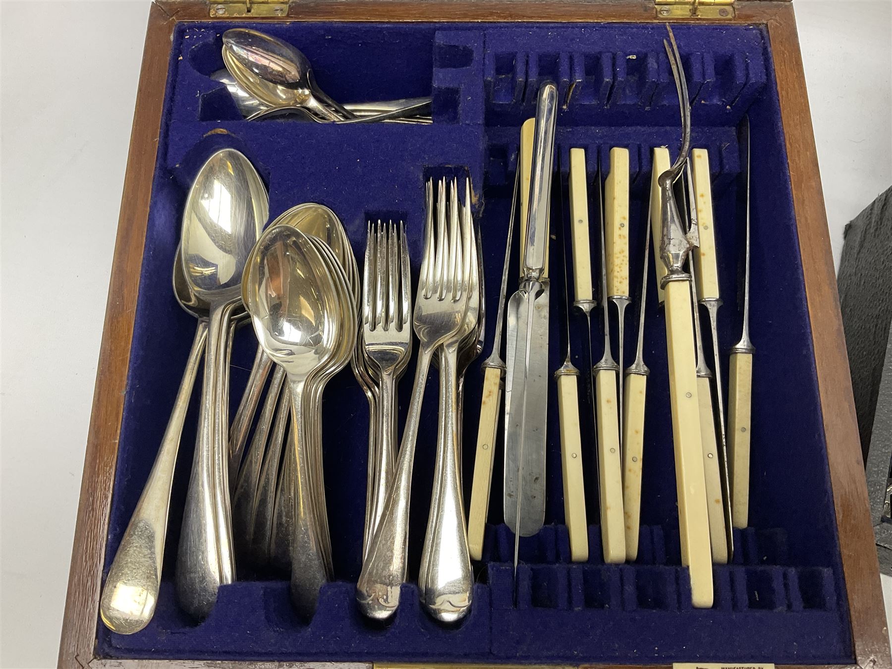 Walker & Hall silver-plate part canteen of cutlery, together with hallmarked silver cutlery comprising pair of Robert Pringle & Sons teaspoons, fork and butter knife, and silver handled knife and fork, cased set of Walker & Hall fish servers with simulated bone handles, and quantity of silver-plate and other cutlery