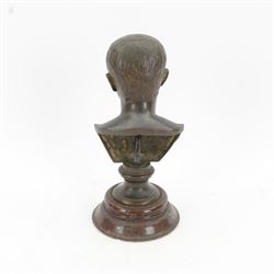 After the Antique, mid/late 19th century bronze portrait bust of a young Julius Caesar, upon a bronze waisted socle, signed L SALVAGGI ROMA, and circular stepped red marble plinth, overall H30.5cm
