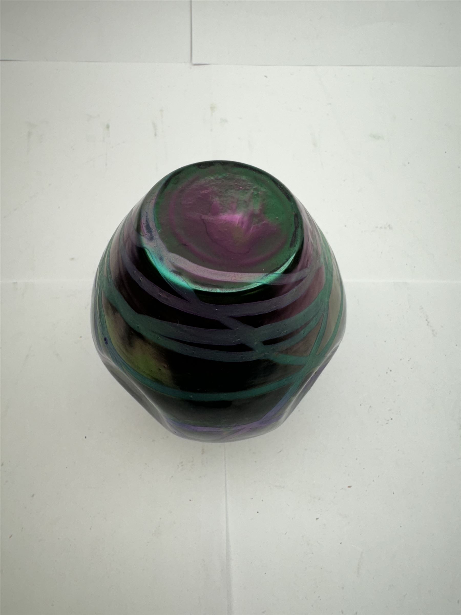 Five Austrian Art Nouveau purple glass vases, to include a Pallme-Konig example, of tapering form with matte vein decoration, and two similar pairs, tallest H16cm