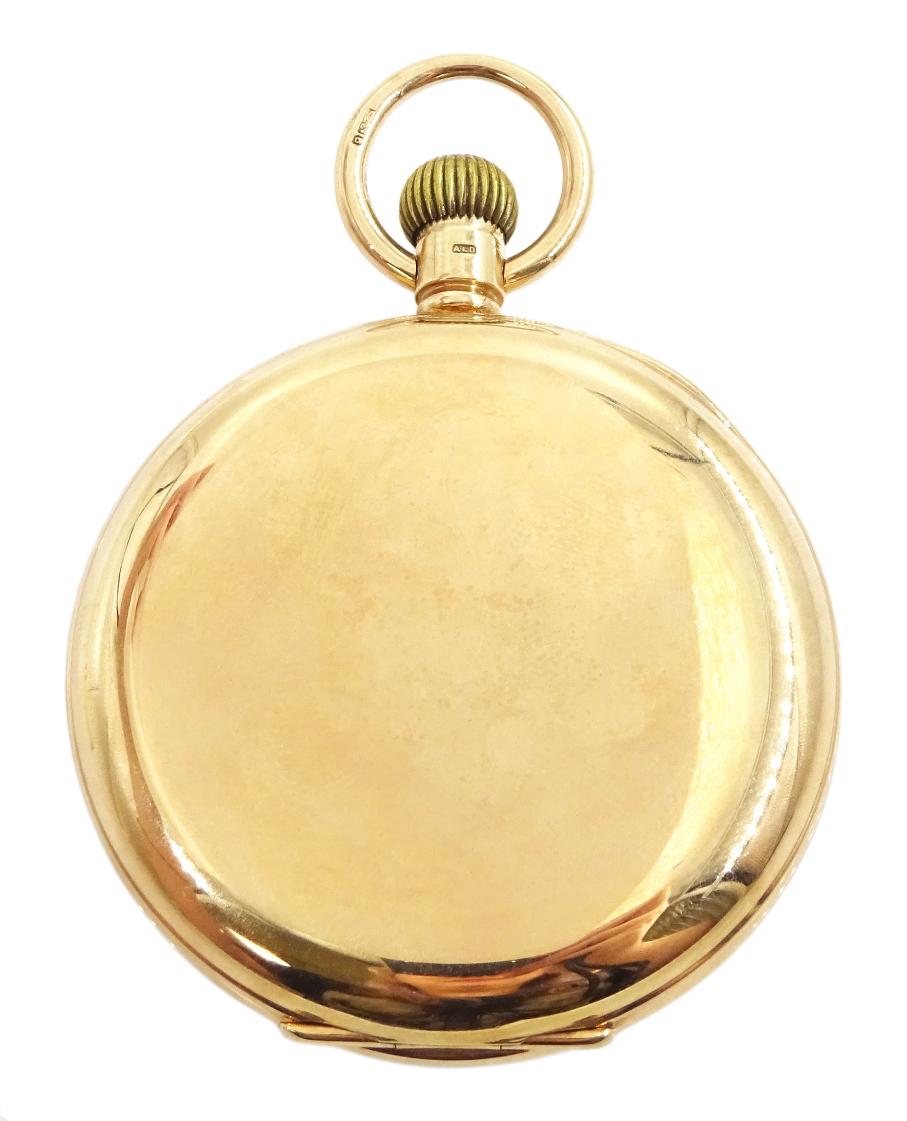 Early 20th century 9ct gold open face keyless lever pocket watch by J W Benson, London, white enamel dial with Roman numeral hour markers and subsidiary seconds dial, case by Dennison, Birmingham 1928