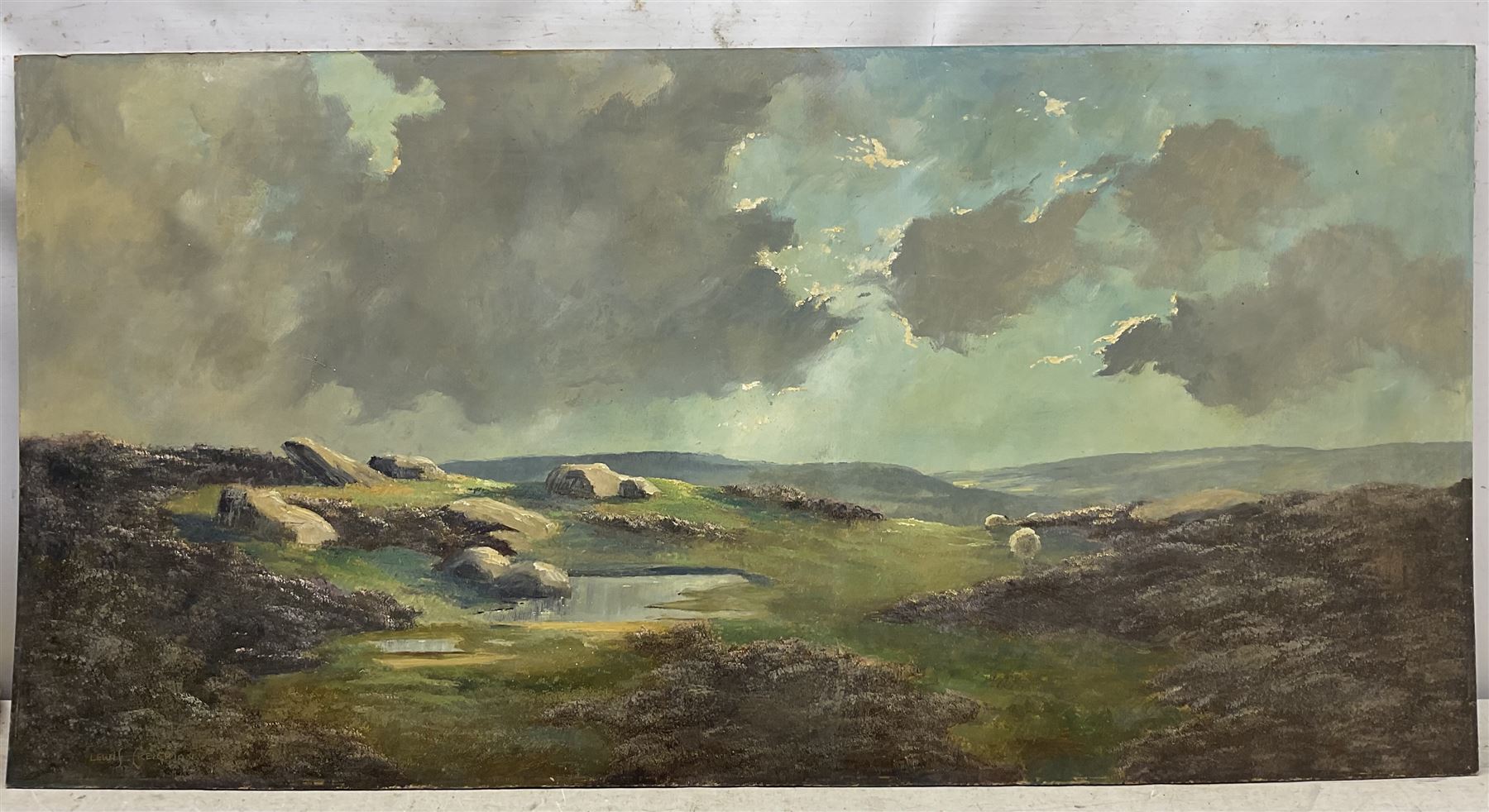 Lewis Creighton (British 1918-1996): Expansive Landscape with Heather, oil on board signed 61cm x 122cm (unframed)
