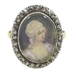 19th century French 18ct gold and silver marcasite portrait ring, set with an oval miniatu...