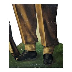 Military Outfitters hand painted life size wooden cut out figure of a WW1 soldier standing at ease holding a gun by his side, marked Stening Signs; hardboard on planked frame H199cm