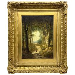 Robert Finlay McIntyre (British c.1846-1906): Driving Sheep through Woodland, oil on canvas signed 60cm x 45cm