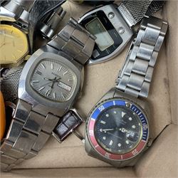 Collection of wristwatches, makers including Bulova and Ingersoll, and some watch makers equipment including glasses, vice and watch back opener