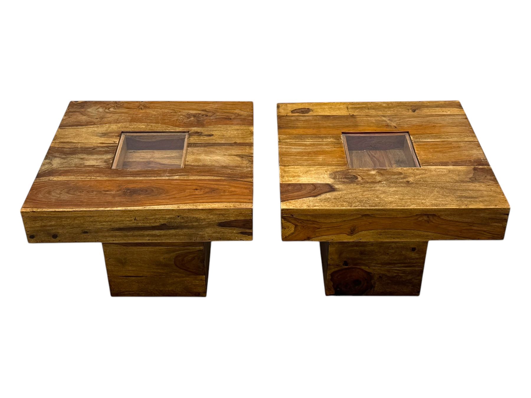 Pair of contemporary hardwood occasional tables, square tops with central recessed acrylic panels, on block pedestal bases