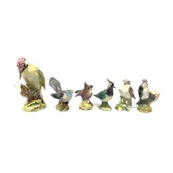 Collection of Beswick birds, comprising woodpecker model no 1218, jay model no 2417, cuckoo model no 2315, lapwing model no 2416, lesser spotted woodpecker model no 2420, and kookaburra 1159. 