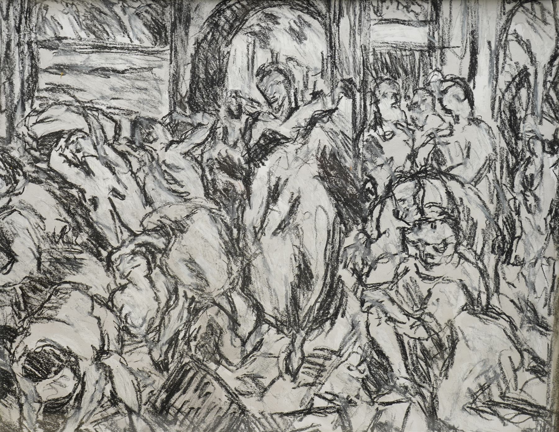 Barry De More (Yorkshire 1948-2023) after El Greco (Greek 1541-1614): '
Christ Driving the Money Changers from the Temple', charcoal heightened with white, signed and titled verso 37cm x 47cm
Notes: Acclaimed as one of the North's greatest expressionist artists, Barry De More (1948-2023) used a heavy impasto style to transfer his love of Yorkshire landscapes, townscapes and people to canvas. His work sits comfortably in the company of work by Kossoff and Auerbach, selling to collectors in the UK and overseas. De More's work can be found in the permanent collection of work by Northern Artists at Dean Clough, one of the UK's largest contemporary art galleries.