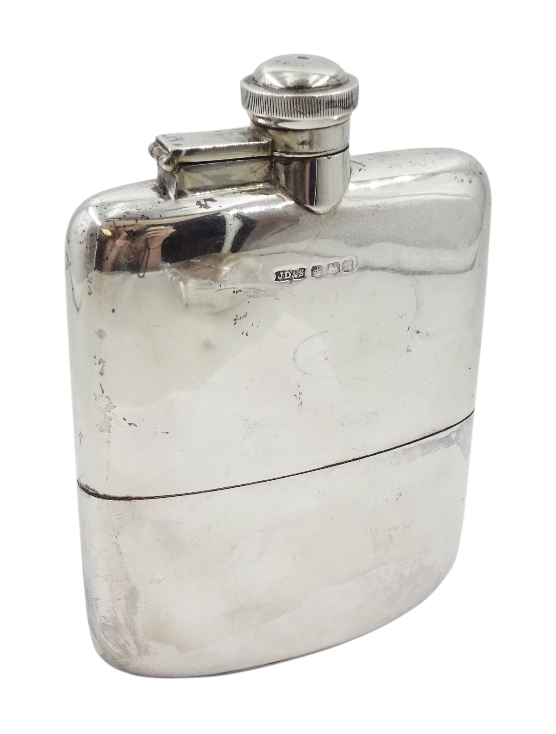 Early 20th century silver hip flask with removable cover cup by James Dixon & Sons Ltd, Sheffield 1918, approx 6.5oz