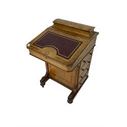 Victorian inlaid walnut davenport desk, raised compartment over sloped hinged top with red leather inset decorated with gilt Greek key design, fitted with four drawers and opposing false drawers, on compressed bun feet with brass and ceramic castors