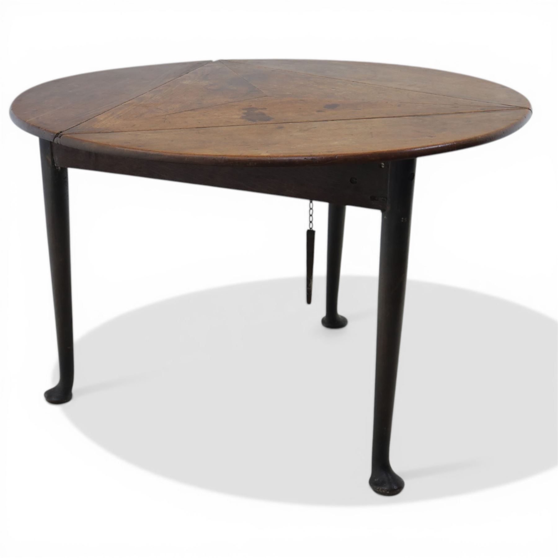 18th century oak folding cricket table, triangular top with three hinged demi-lune leaves, raised on tapering supports with pad feet