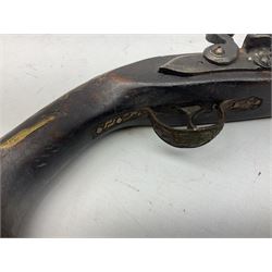 Reproduction flintlock pistol, the full walnut stock with brass filigree inlay and mounts and skull crusher butt L46cm; no visible proof marks FIREARMS CERTIFICATE REQUIRED OR RFD