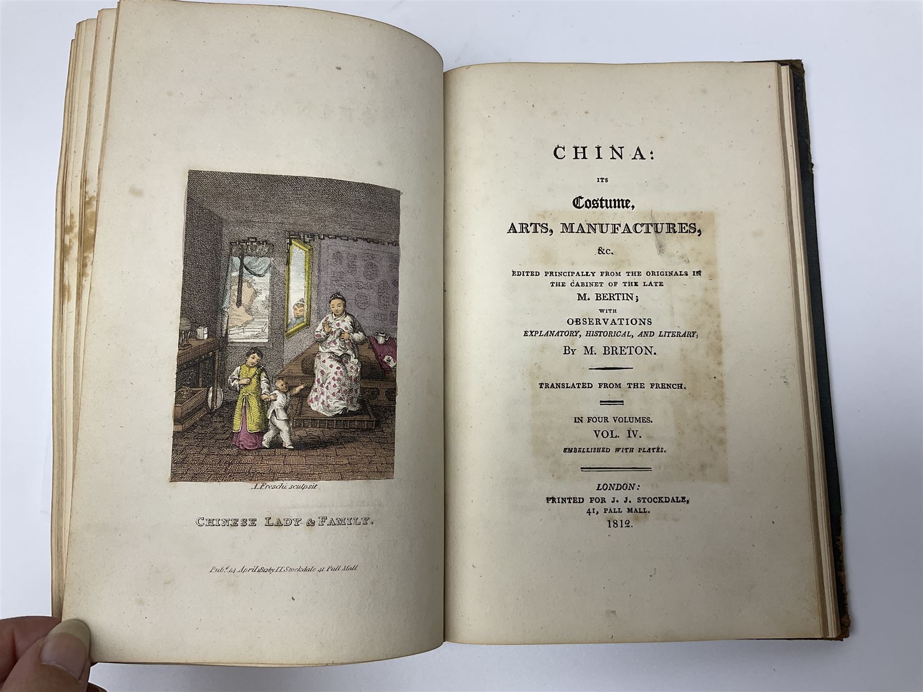 Bertin M. & Breton M.: China Its Costume, Arts, Manufactures etc. 1812 Stockdale London. Four volumes in one. Hand coloured plates. Half leather binding; Doolittle Rev. Justus: Social Life of the Chinese. 1868. Illustrated. Rebound in half morocco with marbled boards; and three other books of eastern interest (5)