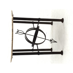 Architectural table, circular marble top on wrought metal base, cluster column supports connected by armillary sundial, D80cm, H78cm