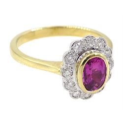 18ct gold pink sapphire and diamond cluster ring, hallmarked, sapphire approx 0.65 carat