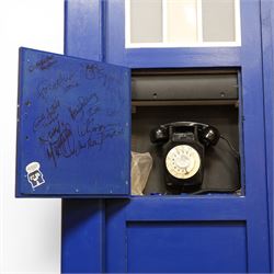 Doctor Who - full scale scratch built replica TARDIS, with functioning lantern and ringing telephone, the telephone door autographed by several Doctor Who cast members including Sylvester McCoy, Frazer Hines, Wendy Padbury, Janet Fielding and Caroline John
