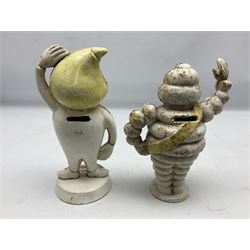 Five cast metal and painted promotional moneyboxes and figures, to include example advertising Esso, manufactured for M Busch GmbH Motor Parts Manufactory, Germany, with yellow head, and four Michelin men figures to include Michelin man on motorbike