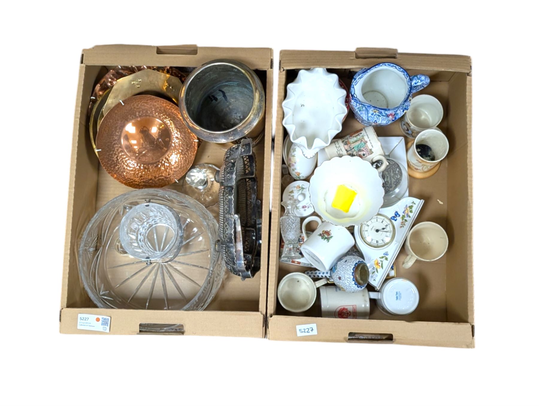 Ringtons Ironstone jug, Minton Haddon Hall planter, cloisonne vase, silver plate ice bucket, large cut glass bowl and a collection of other collectables, in two boxes