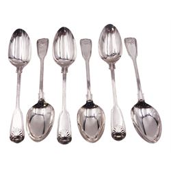 Set of six Victorian Fiddle thread and shell pattern table spoons, hallmarked Chawner & Co, London 1847 and 1849, each approximately L22cm, approximate weight 18.91 ozt (588.2 grams)