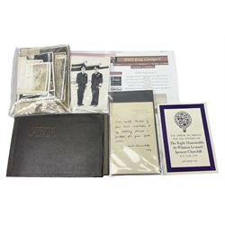 Disbound WW2 album relating to the battleship HMS King George VI containing over fifty various size loose photographs of the ship in action, guns firing, crew members, aircraft, two of George VI on board, three of Winston Churchill on board, official 1942 Christmas messages including Franklin Roosevelt etc; together with unrelated printed letter on 10 Downing Street notepaper from Winston Churchill; and Order of Service for Churchill's funeral at St. Paul's Cathedral 30th January 1965