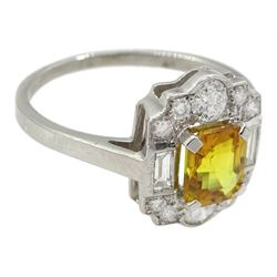 Platinum emerald cut yellow sapphire, baguette and round brilliant cut diamond cluster ring, stamped Plat, sapphire 1.30 carat, total diamond weight 0.55 carat, with World Gemological Institute Report