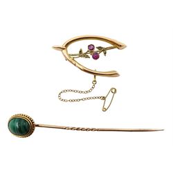 Gold malachite stick pin and a 9ct gold stone set brooch, Birmingham 1916, both boxed