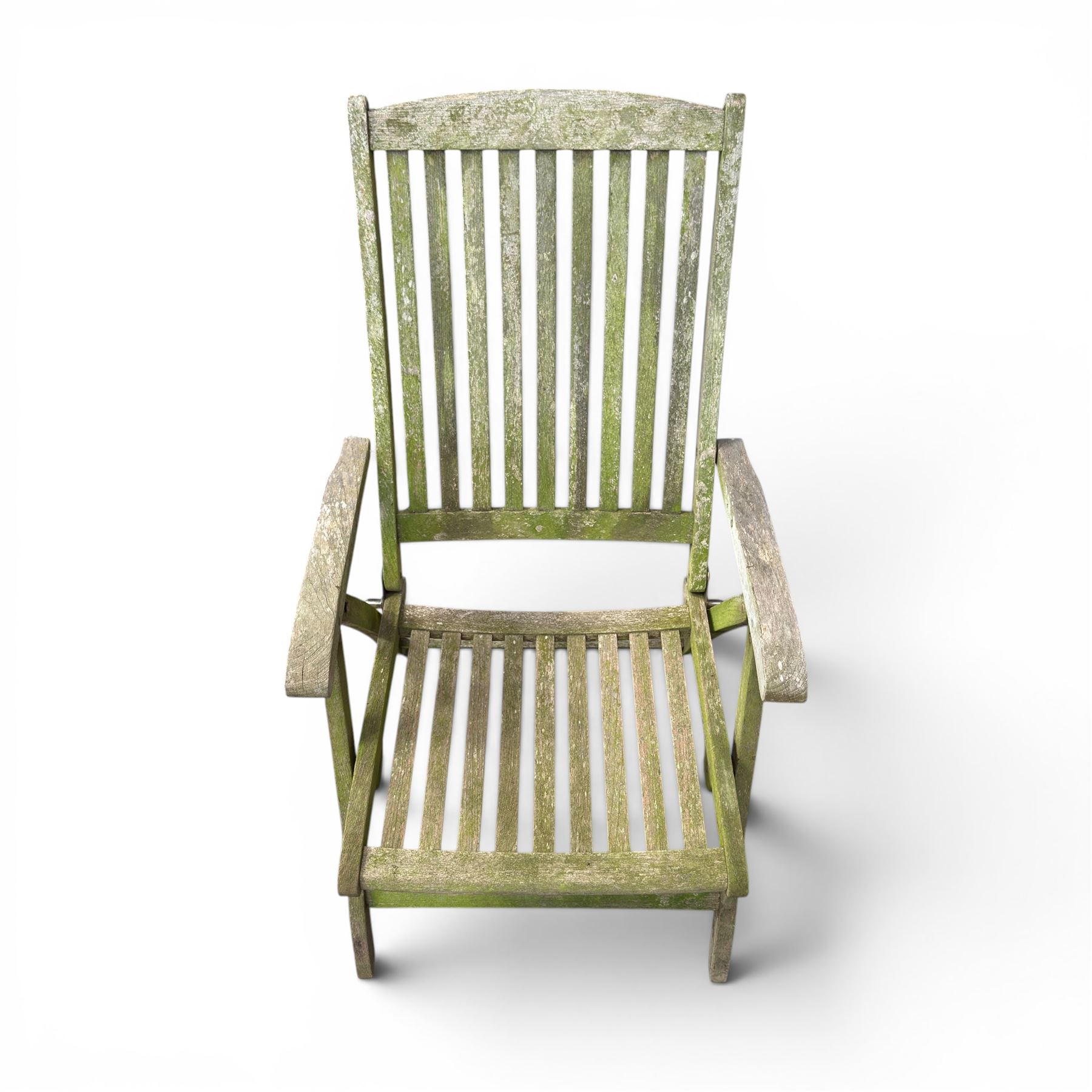 Five piece teak garden dining set, comprising circular folding table and four folding armchairs, with slatted seats and backs in a weathered finish