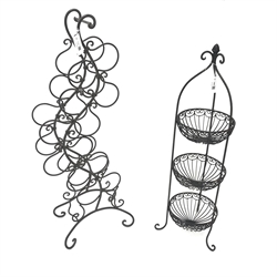  Shaped wrought metal bottle rack (H102cm) and a similar fruit stand (H94cm (2)  