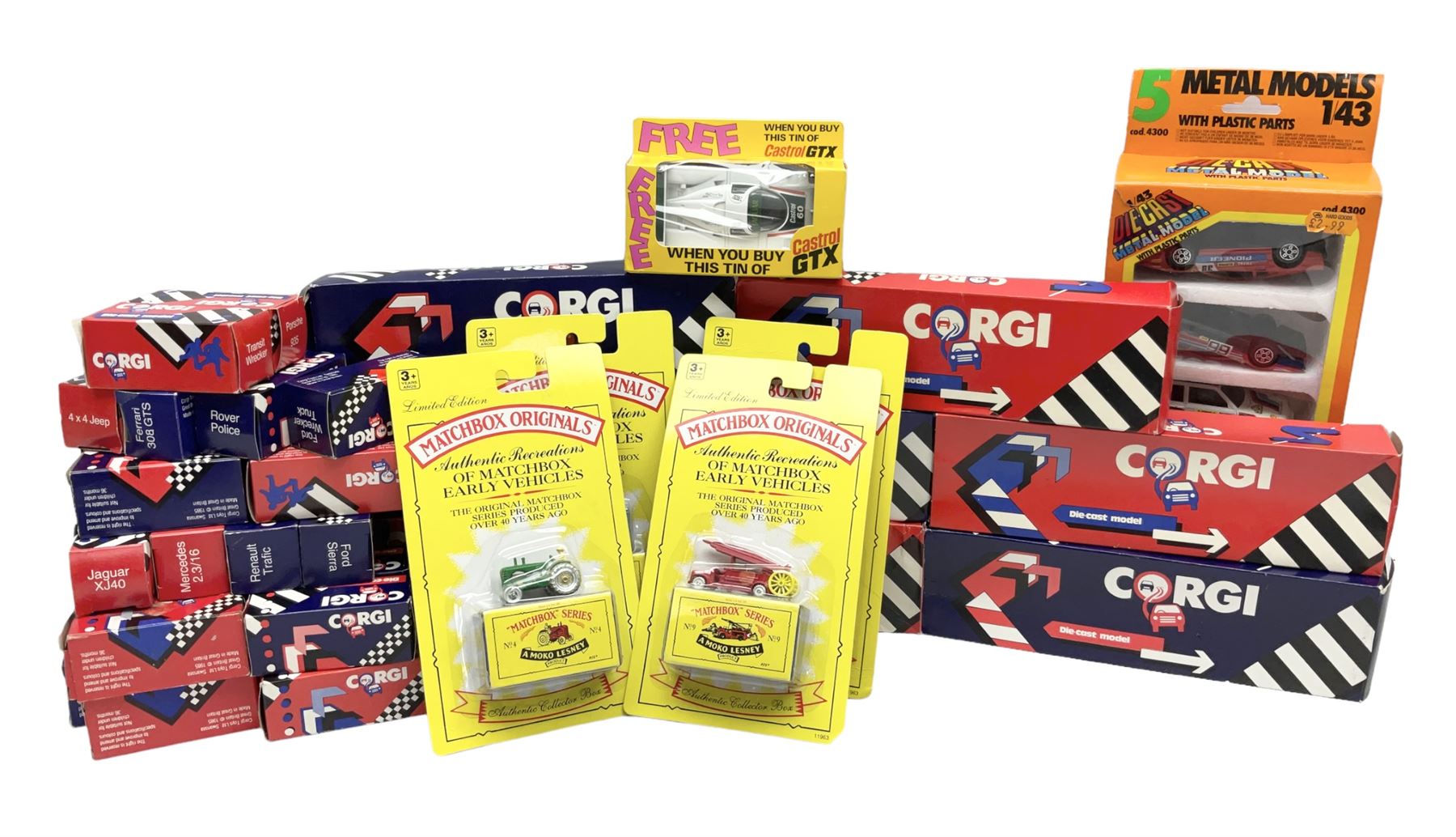 Corgi - thirty-four modern die-cast models including cars, commercial vehicles, racing cars, sports cars, car transporters etc; all boxed; Bburago boxed set of five cars; four Matchbox Originals blister packs etc
