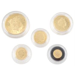 Queen Elizabeth II 2010 'Gold Proof Sovereign Five-Coin Collection', comprising 22ct gold five pound, double sovereign, full sovereign, half sovereign and quarter sovereign coins, cased with certificate