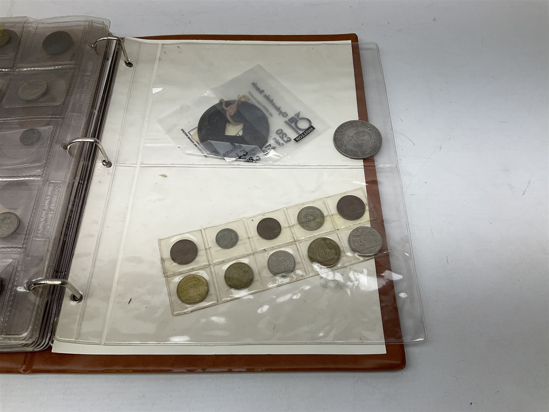 World coins and related items, including Maria Theresa restrike thaler, German silver five deutschmark coins, Sudan 20 piastres, Netherlands 1848 1/2 guilder, United States of America 1964 half dollar etc, small number of fantasy/replica coins etc, housed in a ring binder album 