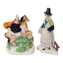 19th century Staffordshire figure group, St George and the Dragon, circa 1850, H22cm, together with a 19th century Staffordshire figure, Jenny Jones, circa 1830-1870, H25.5cm