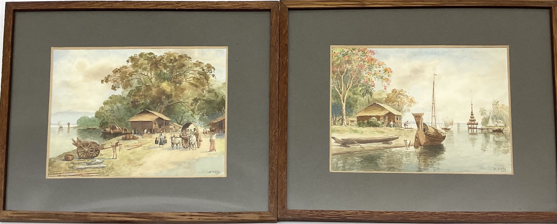 Maung Tun Hla (U Tun Hla) (Burmese 1874-1946): Small Village Riverbank Scenes, pair watercolours signed M T Hla 16cm x 21cm (2)
