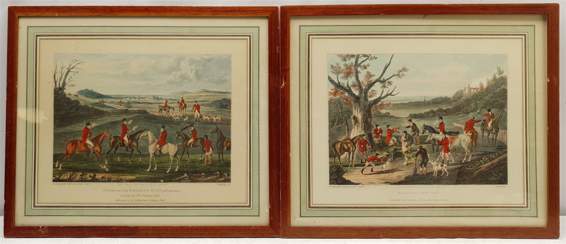 After Charles Loraine Smith (British 1751-1835): 'The Smoking Hunt' and 'Bagging the Fox', pair 20th century aquatints 24cm x 33cm, together with two similar French hunting aquatints 20cm x 32cm (4)
