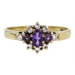 9ct gold amethyst and diamond cluster ring, hallmarked