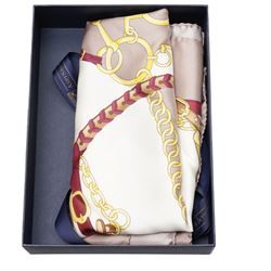 Collection of scarves, including Aspinal signature shield silk scarf in latte with 'Aspinal of London' motif, Niamh Daniels large blue, green and red silk scarf, Jaeger diamond silk scarf 'To commemorate the Queen's Diamond Jubilee 1952-2012', four White Company cotton handkerchiefs, etc (9)