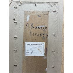 Alfredo Bonciani (Italian 1902-1988 ): Flowers in an Earthenware Vase, oil on board signed, artist's studio label verso 49cm x 19cm