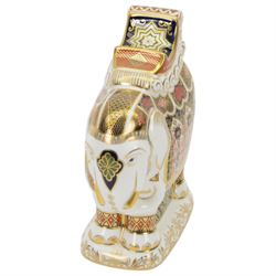 Royal Crown Derby paperweight, Large Imari 1128 Elephant made for Harrods of London, with a gold stopper, limited edition 140/150 with certificate and original box, H21cm 