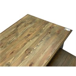 Pine kitchen dining table, rectangular moulded top on painted base, square tapering supports (180cm x 85cm, H78cm); and two matching benches 